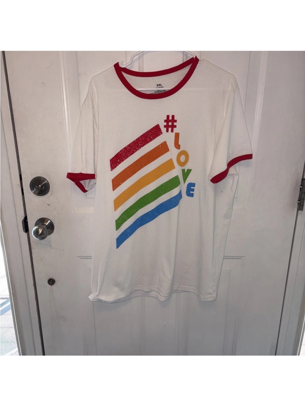 Target White Ringer Tee with Rainbow Stripes and Red Trim